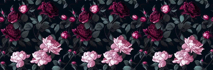 Schilderijen op glas Intricate pink roses seamless pattern. Floral seamless pattern for poster, greeting cards, headers, baner, website. Botanical banner with flowers , leaves and plants. Digital ai art  © Katynn