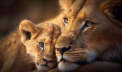 Proud male aftican lion is cuddled by his cub during an affectionate moment. Digital ai art - obrazy, fototapety, plakaty