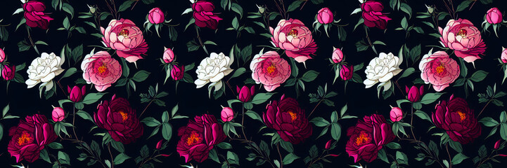 Intricate pink roses seamless pattern. Floral seamless pattern for poster, greeting cards, headers, baner, website. Botanical banner with flowers , leaves and plants. Digital ai art	