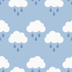 Rainy sky, white clouds and rain drops on blue background. Vector seamless pattern. Best for textile, home decor, wallpapers, wrapping paper, package and web design.