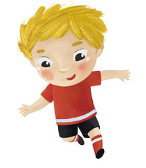 cartoon scene with kid playing running sport ball soccer football - illustration for children