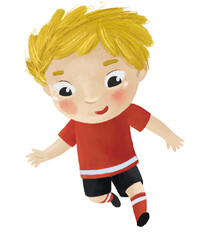cartoon scene with kid playing running sport ball soccer football - illustration for children