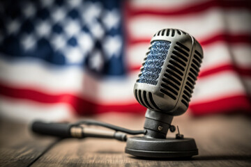 American flag with a microphone in front, concept of free speech, declarations, news. Ai generated