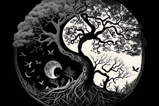 T-shirt Donna Yin Yang E Albero Della Vita, Nero, Taglia X-Large, 100% Cotone, Stampa Di Qualità