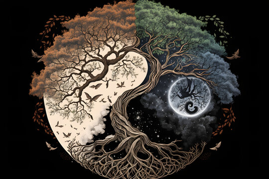 Ying yang concept of balance Yggdrasil tree of life norse mythology, Balance concept