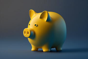 Yellow piggy bank on dark blue background, save money concept, ai generated