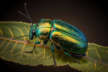 Jewel Beetle on a Green Leaf - AI Generated - obrazy, fototapety, plakaty