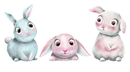 Cute Easter bunnies characters isolated on transparent background. Cartoon rabbit illustrations. Easter clip art.