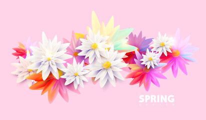 Bright colorful floral banner. Gentle bouquet of flowers on a pink background.