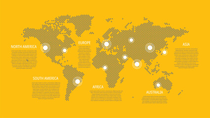 World map with pointers. North, South America, Europe, Asia, Africa, Australia. Vector illustration for web page, global business, communication, text sample, infographics, travel, connection - 579369193