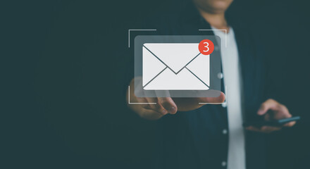 Businessman and message notification on realistic screen. Text connects global communication with work organizations, letters, business communications, resumes, online resumes, contacts.