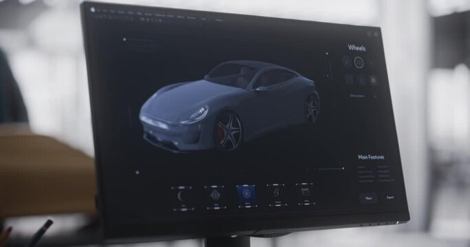 Close Up Computer Screen with 3D Customization Software for a Prototype Car. Gaming Experience for a Person Choosing Different Wheel Options for a Modern Automobile in a Vehicle Dealership Center