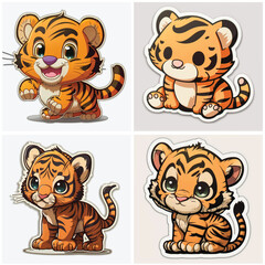 cute Tiger Stickers: Bold and Vibrant Digital Artwork of a Majestic Tiger's Head in a nature Setting, Depicting Piercing Eyes, Sharp Teeth, and Tribal Stripes
