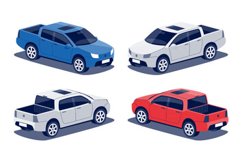 Modern off-road pickup truck car. 4-door midle size work utility suv vehicle. Generic 4x4 double cab pick-up. Isolated vector red and blue object icon on white background in isometric dimetric style. - obrazy, fototapety, plakaty