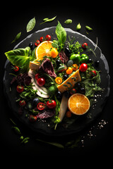 Vibrant Greek Salad with Freshly Cut Vegetables and Cheese , Healthy food on a Black Stone Platter. Generative AI