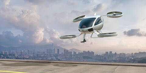 EVTOL Electric Vertical Take Off and Landing Aircraft About To Land Near City - obrazy, fototapety, plakaty