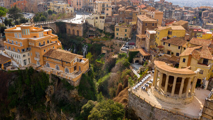 Aerial view of the temple of Sibyl in the park of Villa Gregoriana located in Tivoli, near Rome,...