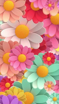 3d Animation - Looped animated background of randomly rotating colorful flowers in vetical composition format