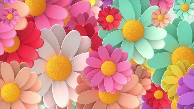 3d Animation - Looped animated background of randomly rotating colorful flowers 