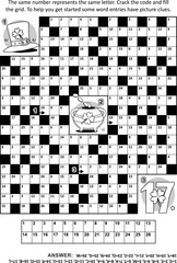 Coded crossword puzzle or codebreaker word game (or codeword, or code cracker) with several St. Patrick's Day entries and picture clues. Answer included.
