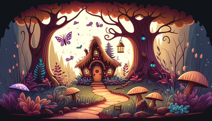 Fairy house in the shape of a mushroom, generative AI.