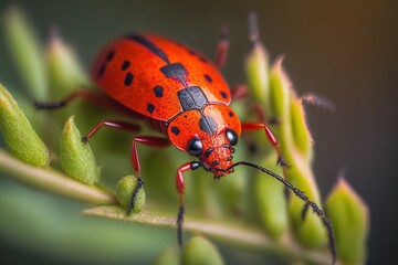 Fototapeta premium Bright Red Firebug Crawling on a Lush Green Plant, Macro Close-Up