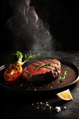 Tasty Delicious Juicy Grilled Steak with rosemary and sauce Served in Style on a Black Stone Platter. Generative AI