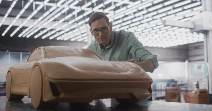 Portrait of a Nordic-Looking Car Modeler Working on a Concept Car Made Out of Plasticine Modeling Clay. Adult Designer Using Spatula to Smooth the Prototype Model of a Modern Electric Automobile