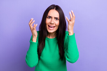 Photo of sad stressed depressed woman scream on camera argument quarrel isolated purple color background - obrazy, fototapety, plakaty