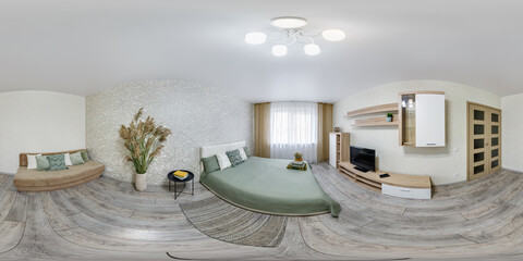 full seamless spherical hdri 360 panorama in interior of bedroom in modern flat apartments in...