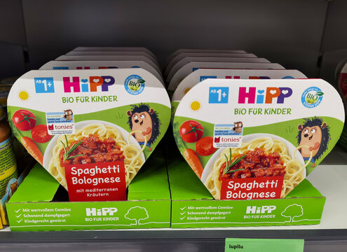 Berlin, Germany - July 26, 2021: View to a shelf with food for children in a supermarket.
