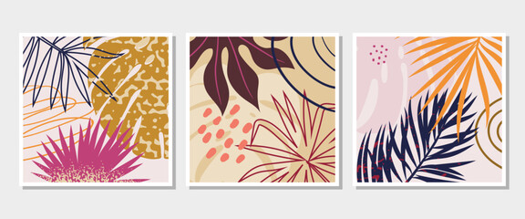 Set of abstract tropical posters. Floral wall art, botanical vector illustration with exotic leaves