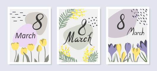 Happy Women's Day greeting card set. 8 March posters with spring flowers. Vector illustration