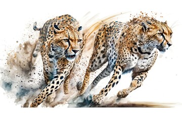 Speed Running Cheetahs Watercolor, Cheetahs Running, Isolate on white background.