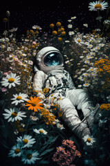 A surreal astronaut floating in a field of flowers in dark space.