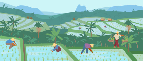 Rice fields scenery with farmers vector illustration. Asian rice plantations. Landscape with paddy terraces, palms, hills and huts.