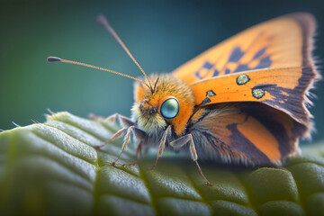 A butterfly with a large eye on its face sits on a leaf.