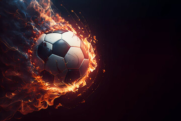 Naklejka premium Football match. Soccer ball on fire. Banner. Copy space. generative AI