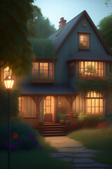 beautiful old house in the garden illustration with Generative AI - 579372313