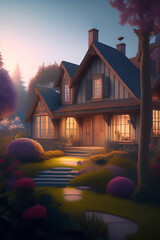 beautiful old house in the garden illustration with Generative AI