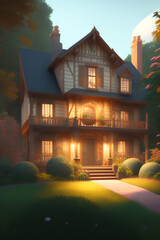 beautiful old house in the garden illustration with Generative AI - 579372326