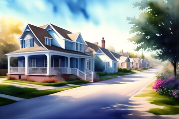 Street lined with old residential houses summer, watercolor illustration with Generative AI