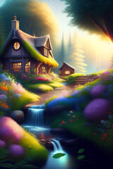 Created with Generative AI illustration cozy house in the fairy forest - 579372348