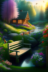 Created with Generative AI illustration cozy house in the fairy forest - 579372350