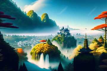 beautiful landscape
with waterfalls AI generated illustration - 579372359