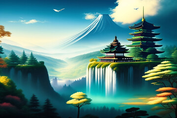 beautiful landscape
with waterfalls AI generated illustration - 579372360