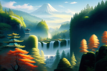 beautiful landscape
with waterfalls AI generated illustration - 579372370