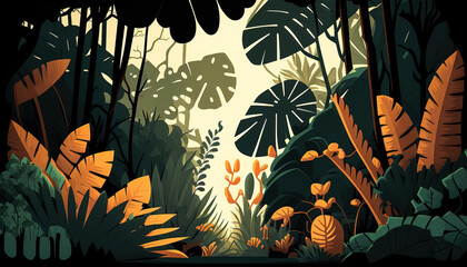 Jungle forest view, tropical trees, generative AI.