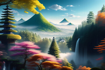 beautiful landscape
with waterfalls AI generated illustration - 579372374