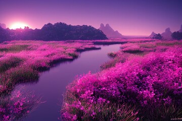 mountain landscape and the river with floral field generative ai